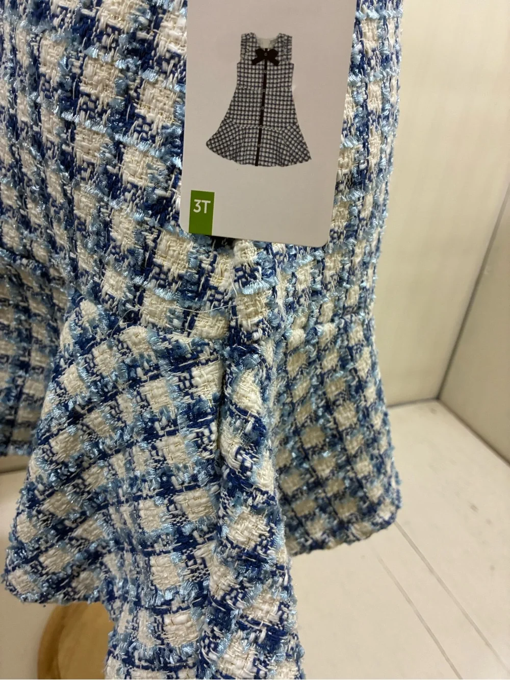 Blue Tweed Girls Dress with Velvet Bow